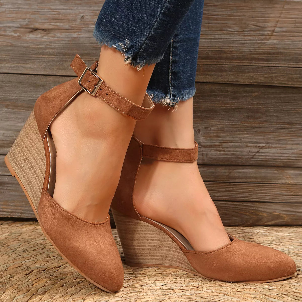 Point toe wedge sandals from Trendsi with elegant straps and a comfortable wedge heel, perfect for casual or dressy summer wear.