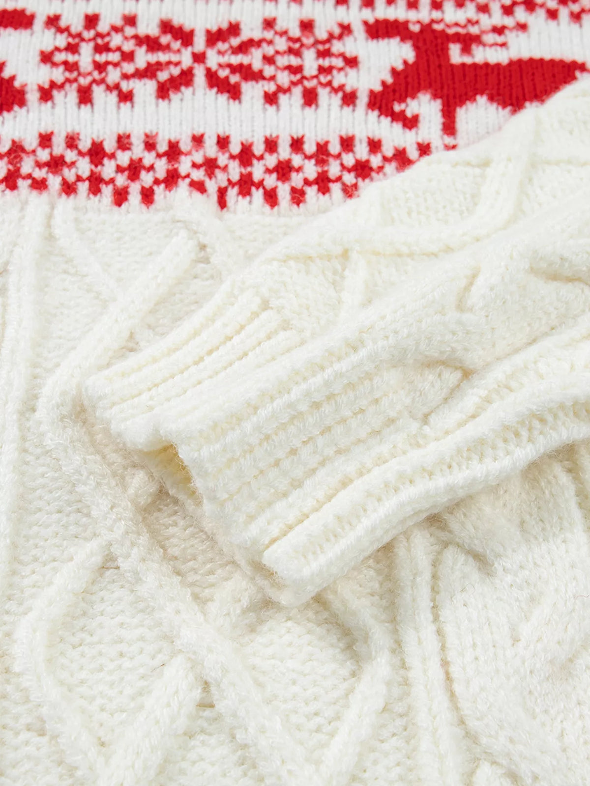Cream reindeer pattern cable knit Christmas sweater, view 9