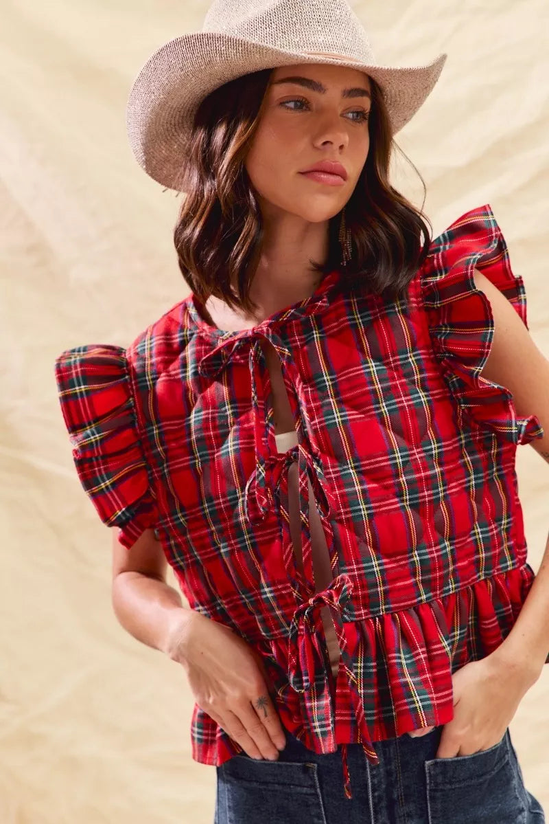 Red plaid ruffled quilted Christmas vest top, view 2