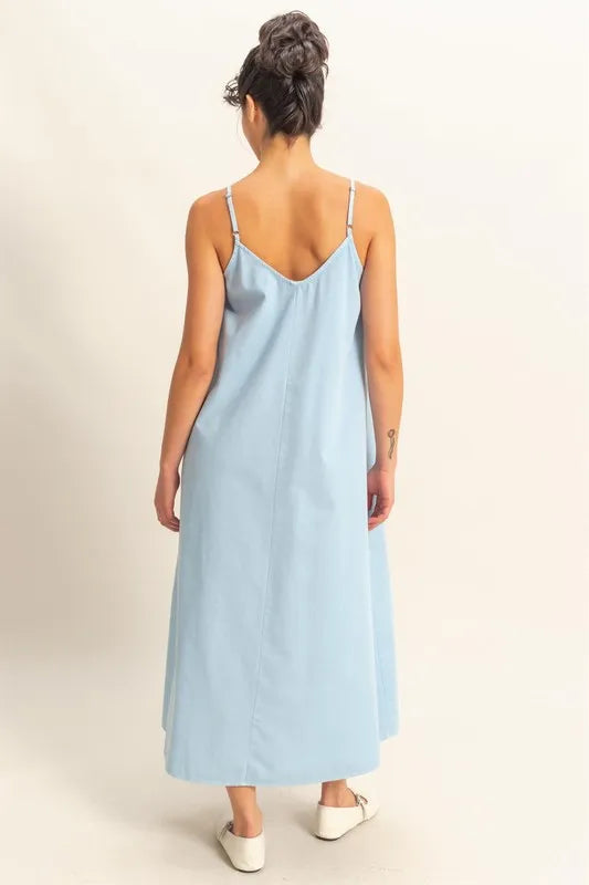 Dyed V-neck loose dress by HYFVE featuring a relaxed fit and casual style, displayed on a hanger against a neutral background.