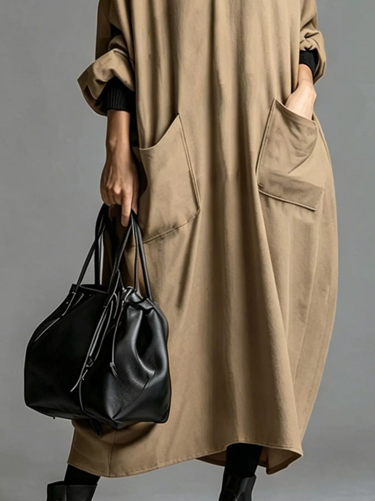 Full size loose-fit mock neck midi dress with pockets by Trendsi, featuring a comfortable plus-size silhouette and stylish design.