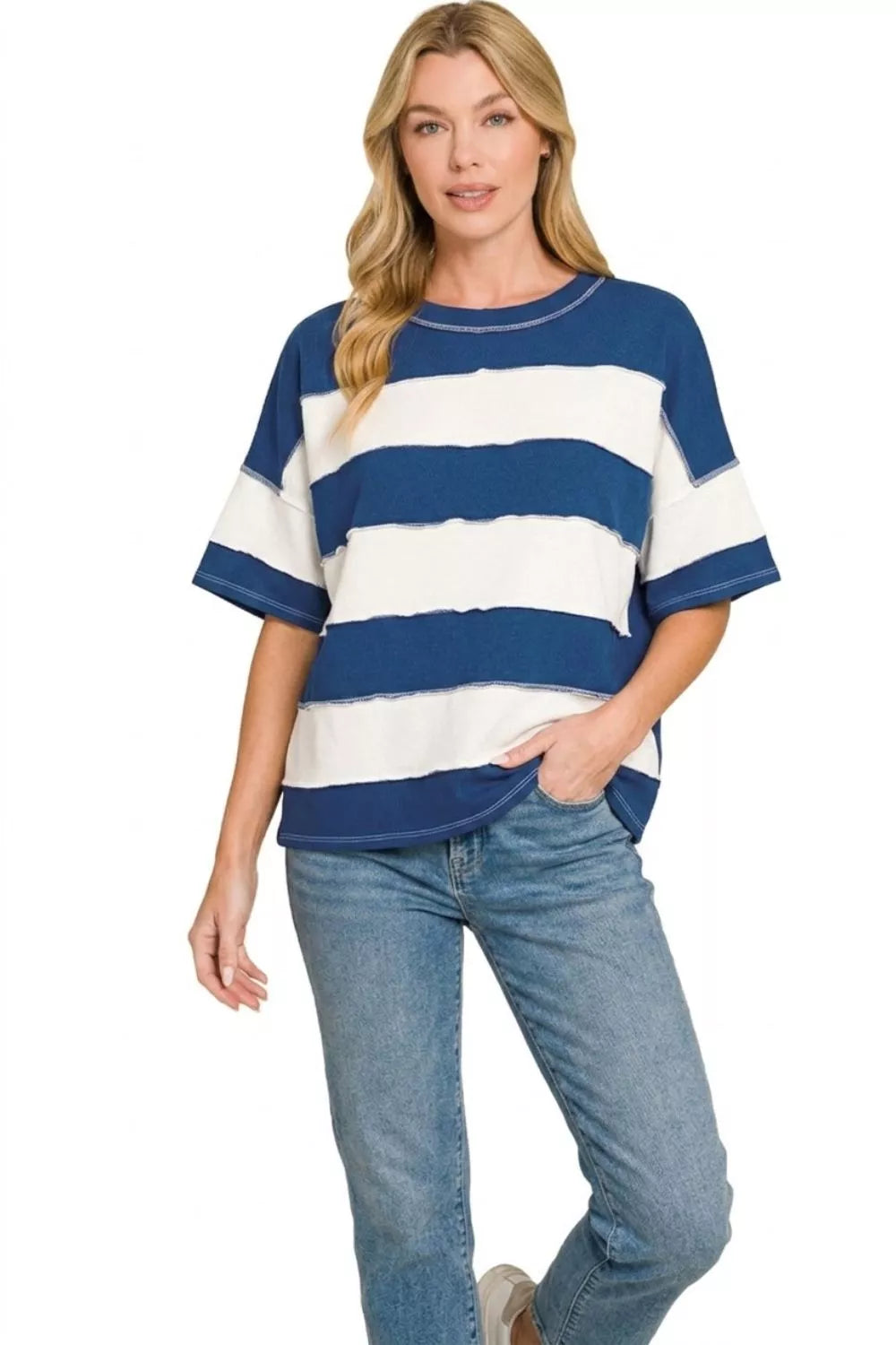Zenana French Terry striped exposed seam top in neutral tones, featuring a relaxed fit and casual style.
