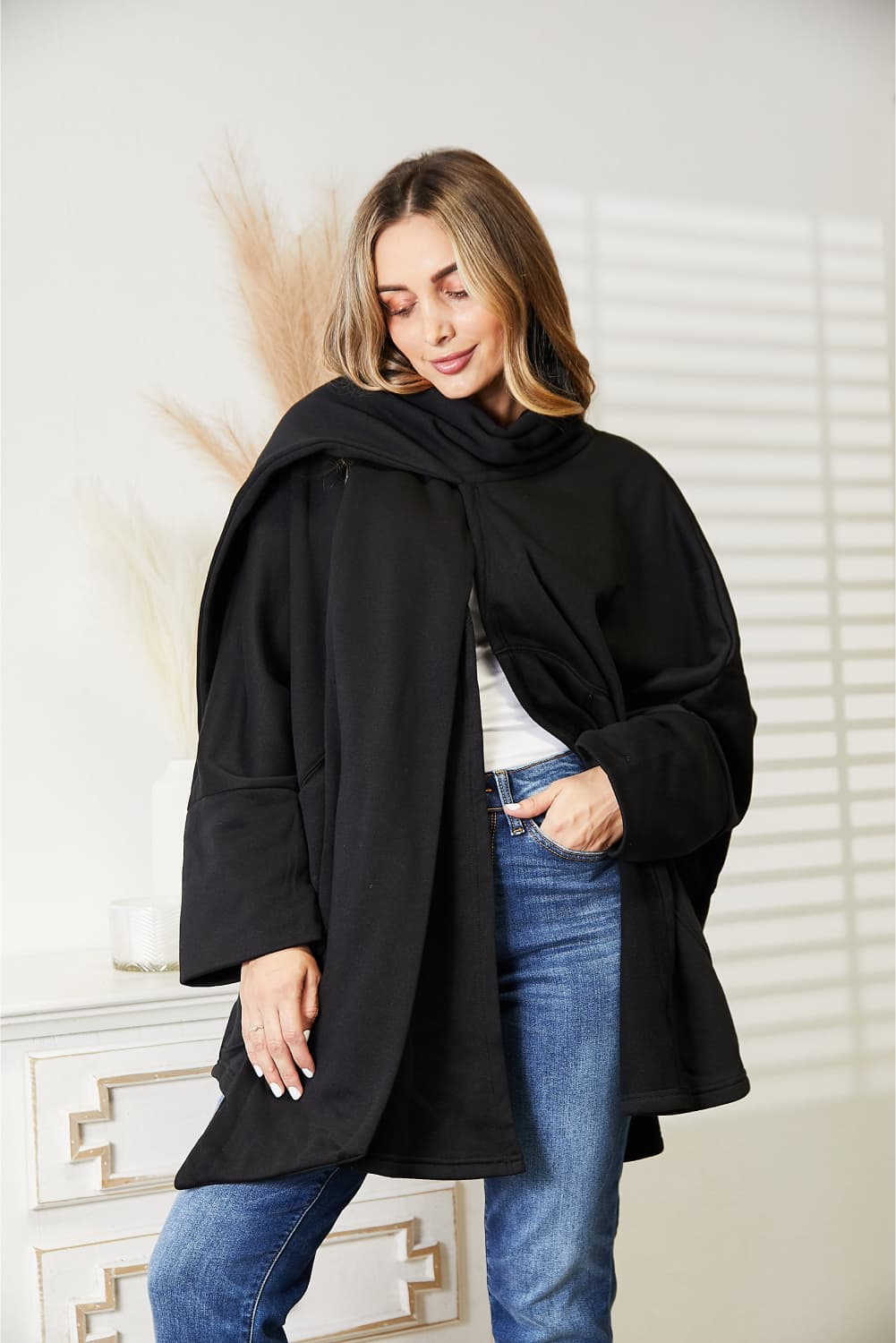 Trendsi HEYSON full size open front cardigan with scarf design, soft knit fabric and relaxed fit, displayed on a model.