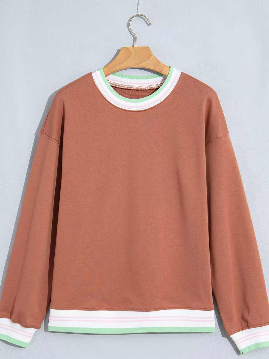 Oversized pullover sweatshirt with contrast striped trim, view 2