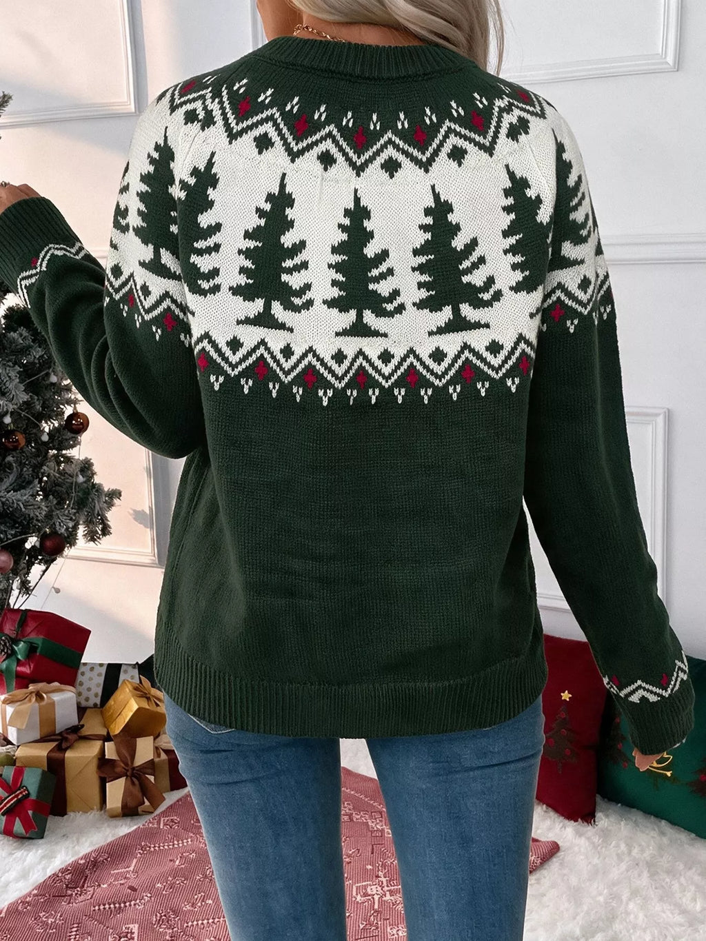Dark green Christmas tree pattern round neck sweater, view 7