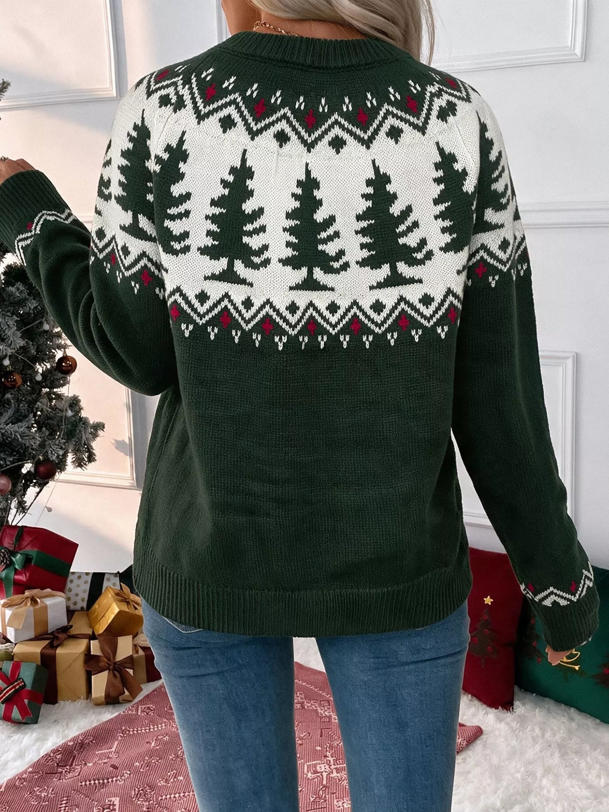 Dark green Christmas tree pattern round neck sweater, view 7