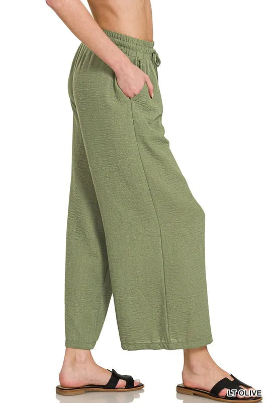 Zenana woven crepe cropped pants with elastic band waist, stylish and comfortable for casual wear
