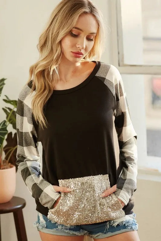 BiBi French Terry Top by Trendsi with sequined kangaroo pocket and casual long sleeves, soft fabric for comfortable wear