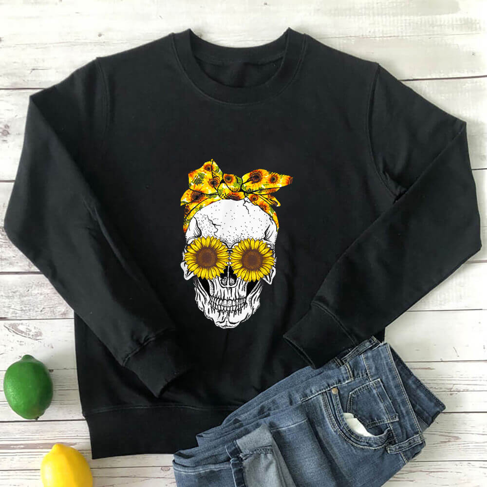Women's Skull & Sunflower Loose Crewneck Sweatshirt
