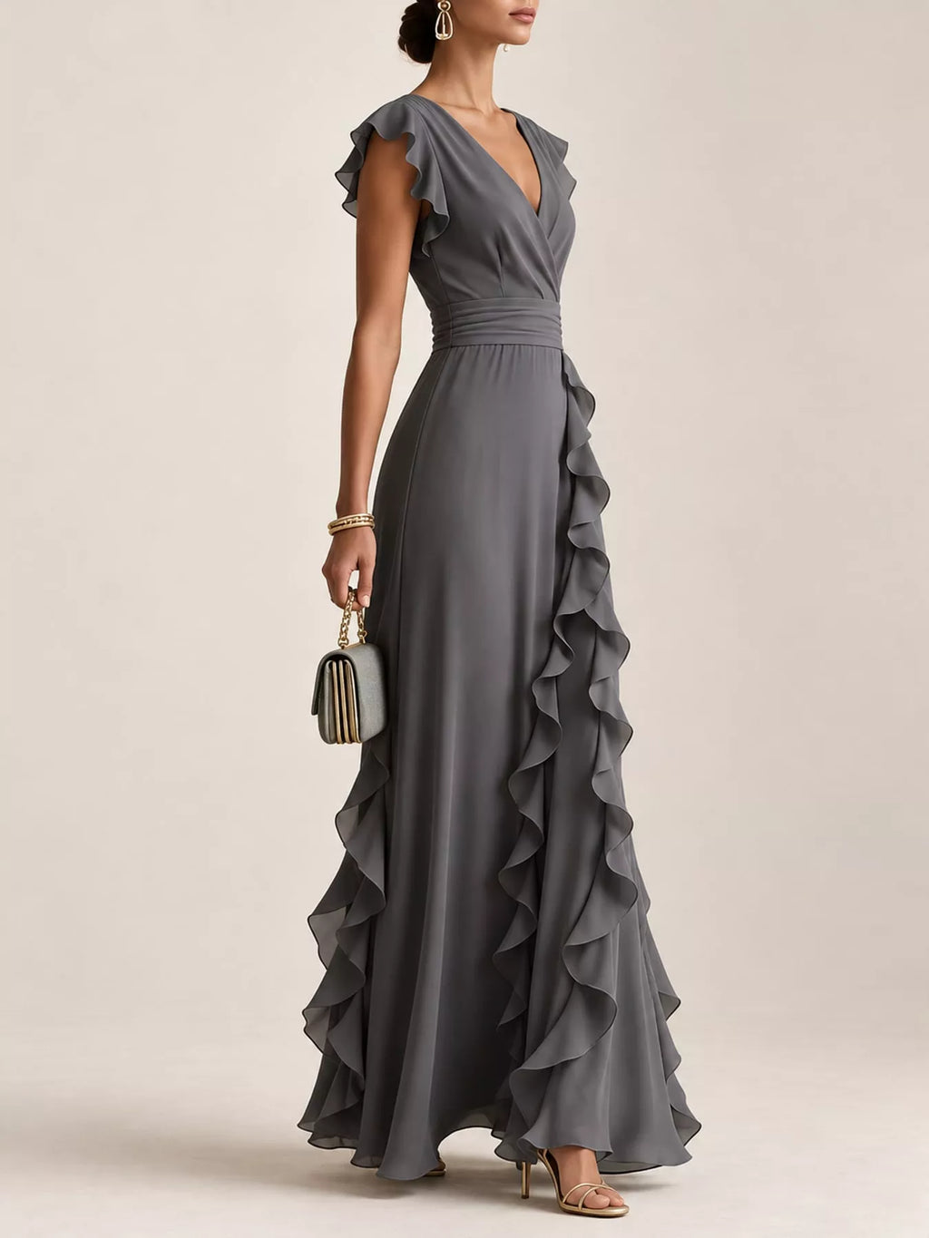 Ruffled surplice sleeveless maxi dress by Trendsi featuring a flowing silhouette and elegant ruffle details.