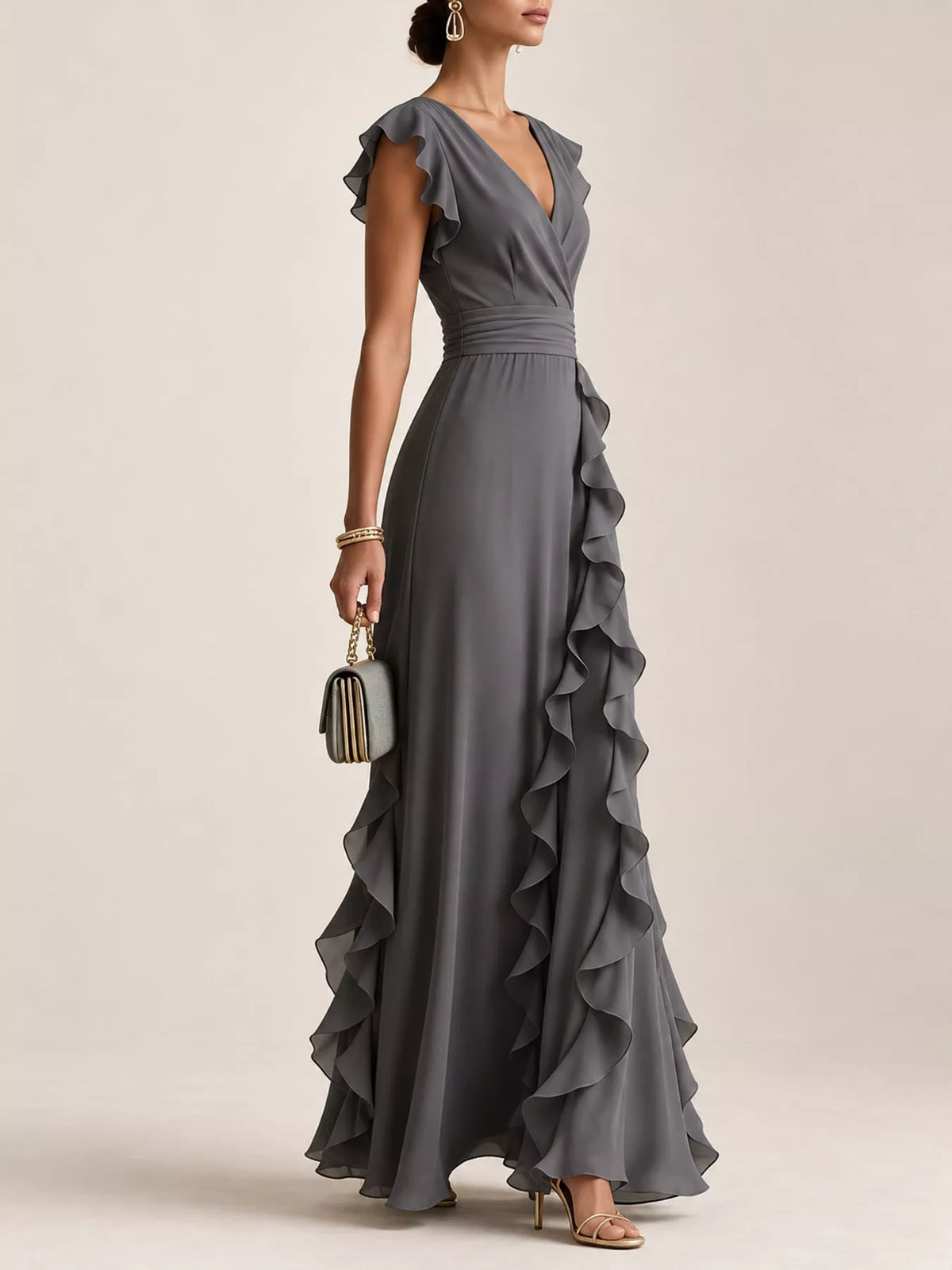 Ruffled surplice sleeveless maxi dress by Trendsi featuring a flowing silhouette and elegant ruffle details.