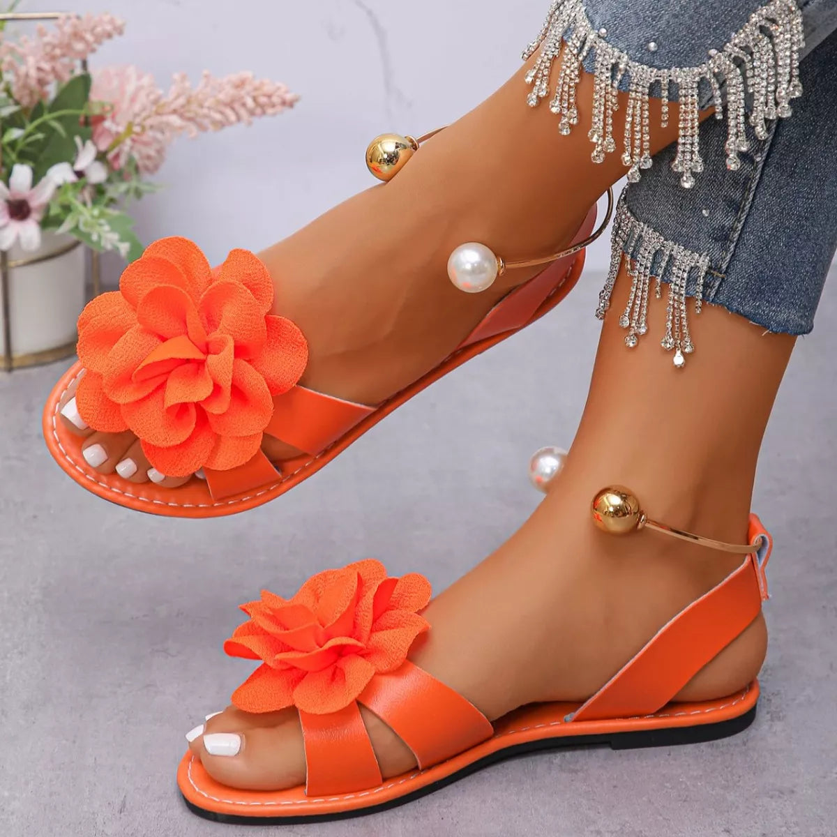 Trendsi flower open toe sandals featuring a floral design, open toe style, and comfortable flat sole for warm weather wear.