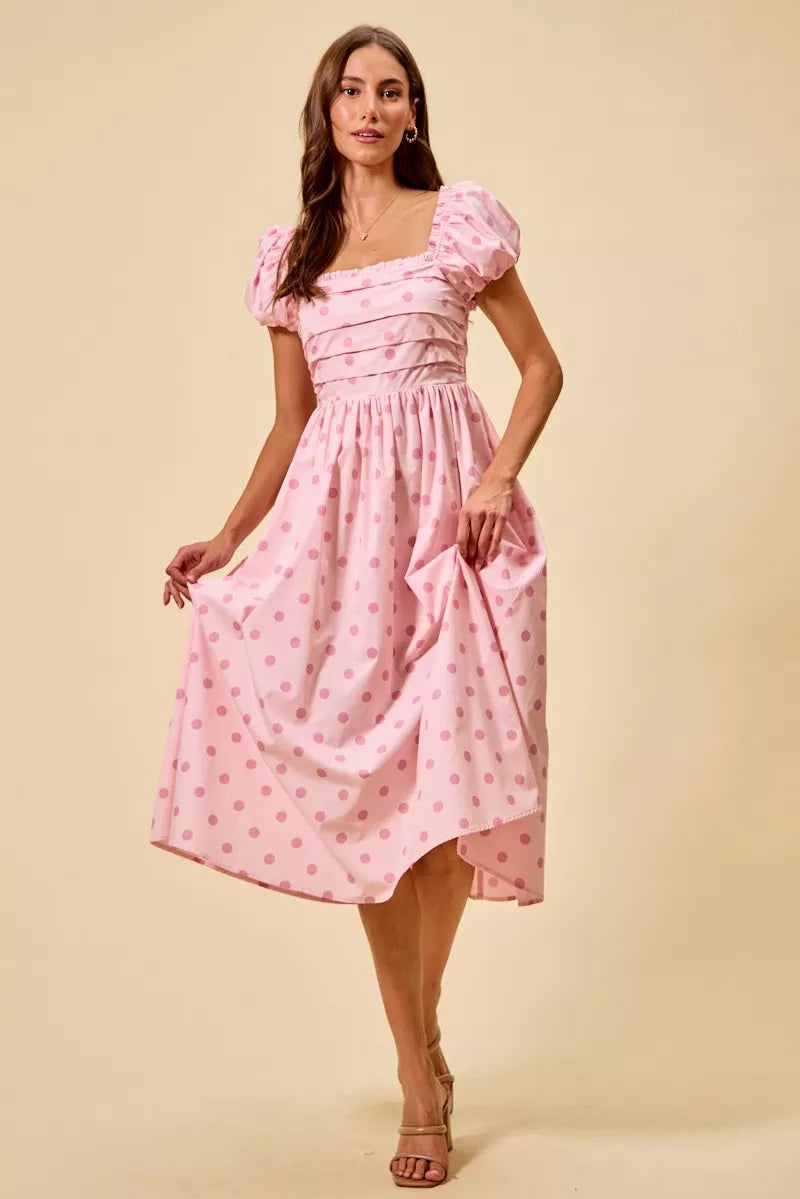 Polka print cotton midi dress with short sleeves from SO ME by Trendsi, featuring a stylish and comfortable design.