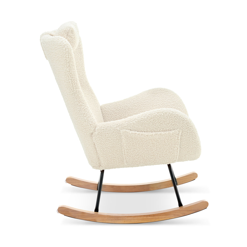 Beige Upholstered Rocking Chair with Adjustable Headrest & Side Pocket