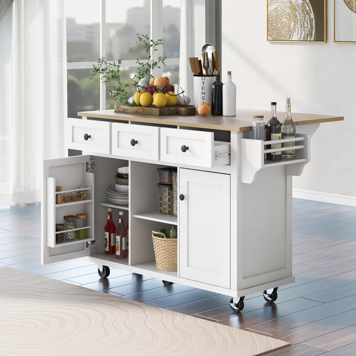 White Rolling Kitchen Island with Drop-Leaf Top & Storage