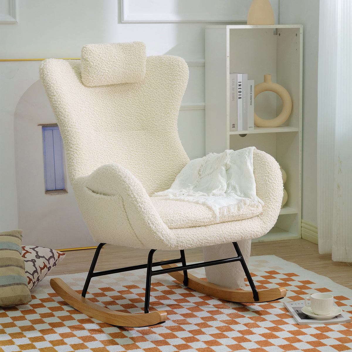 Beige Upholstered Rocking Chair with Adjustable Headrest & Side Pocket