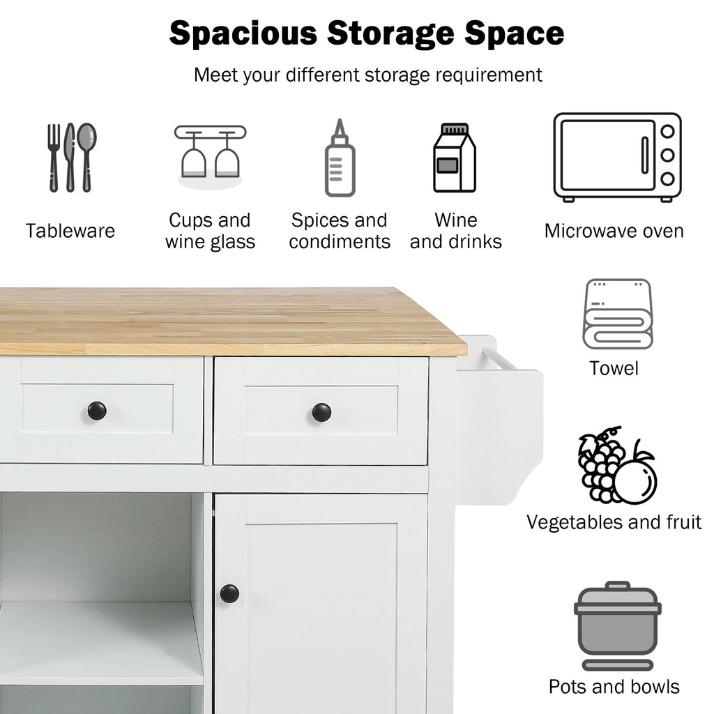 White Rolling Kitchen Island with Drop-Leaf Top & Storage