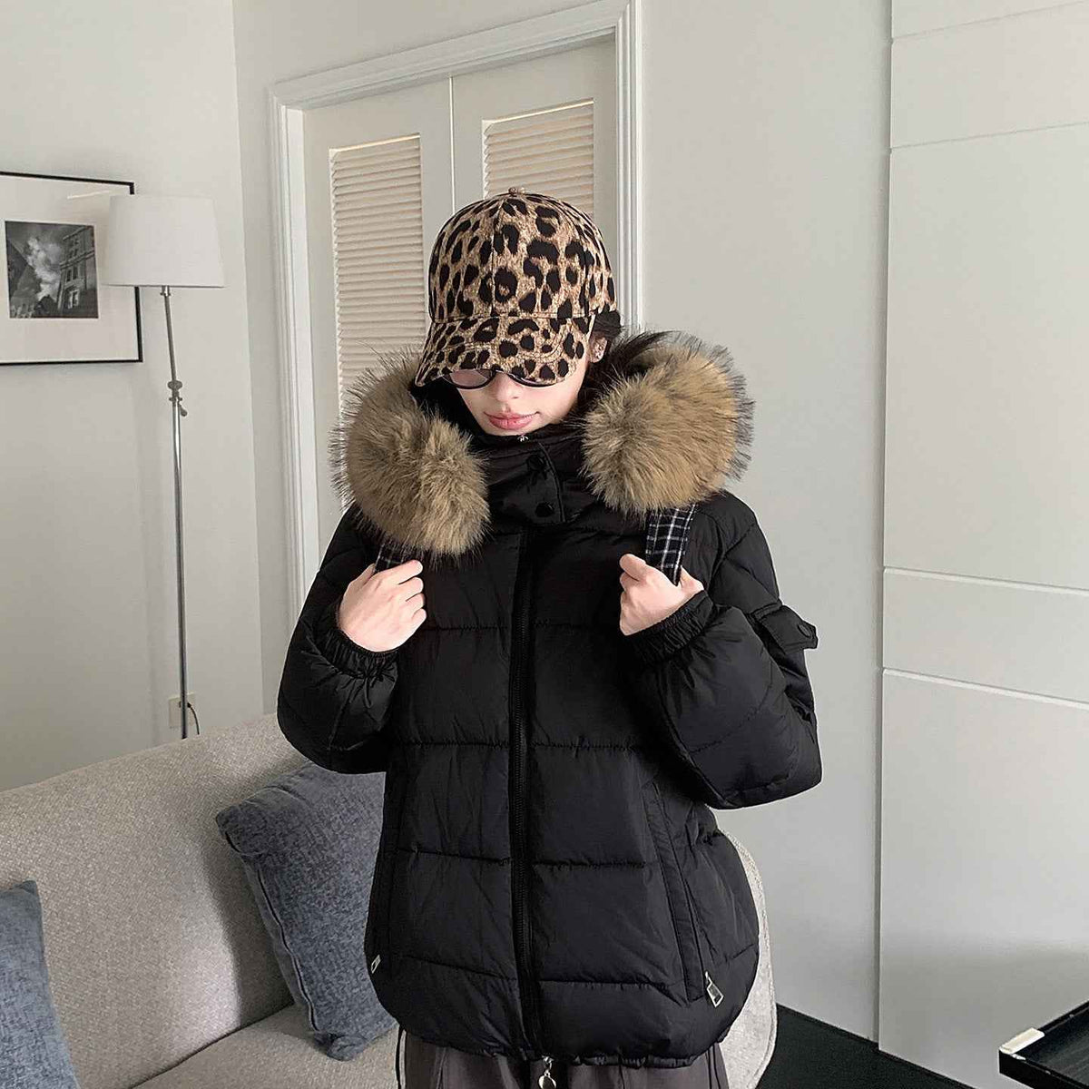 Women's Winter Cotton-Padded Jacket with Large Faux Fur Collar, Puffy Loose Fit Warm Outerwear