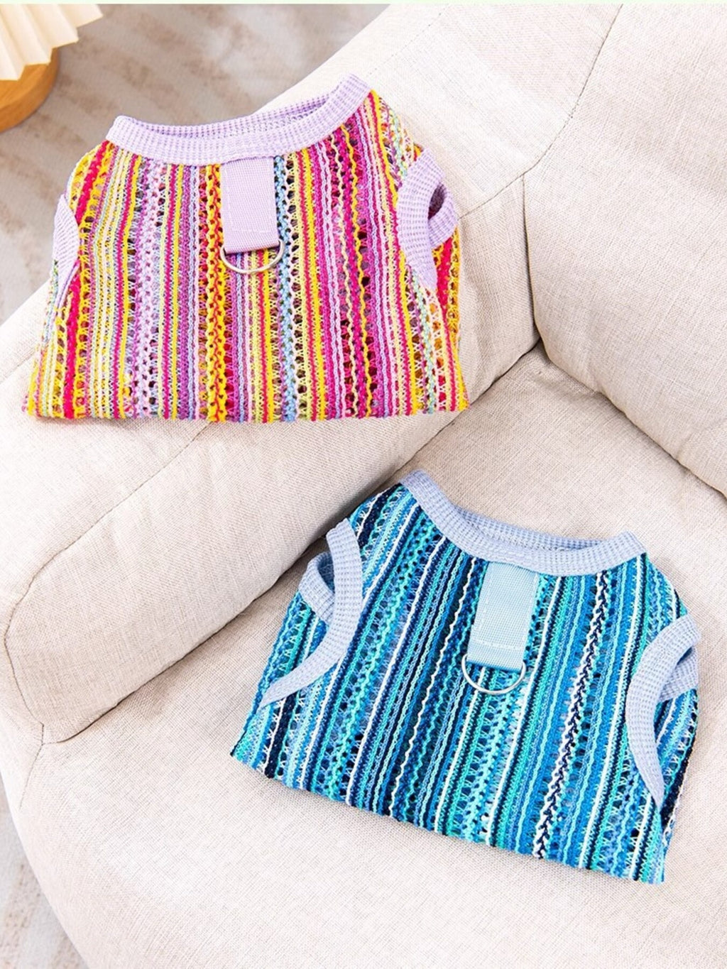 Crochet knit breathable pet top in pastel colors, designed for small dogs, featuring a stylish, lightweight, and comfortable fit.