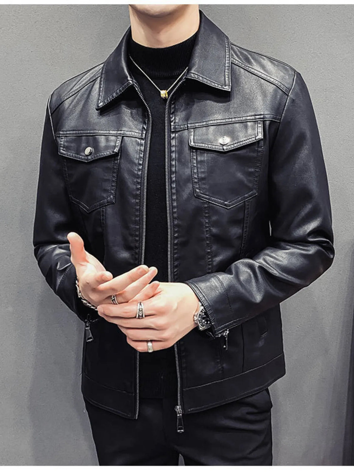 Men's black plus size classic fit faux leather jacket, view 2