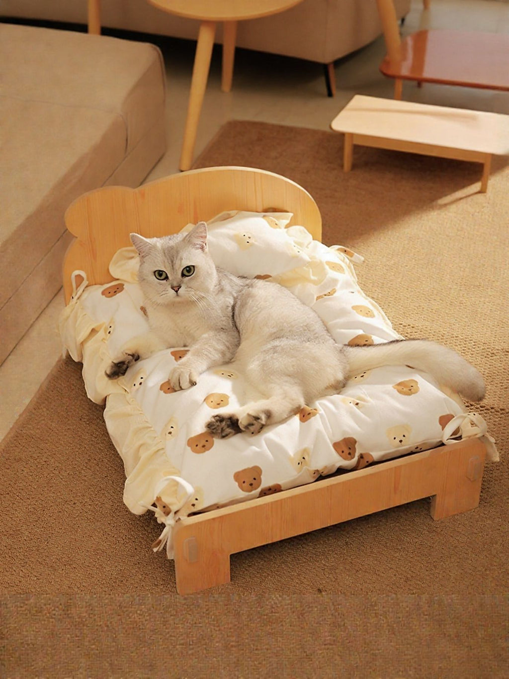 Wooden pet bed by Trendsi featuring a cozy, rustic design with a cushioned interior for small dogs or cats.