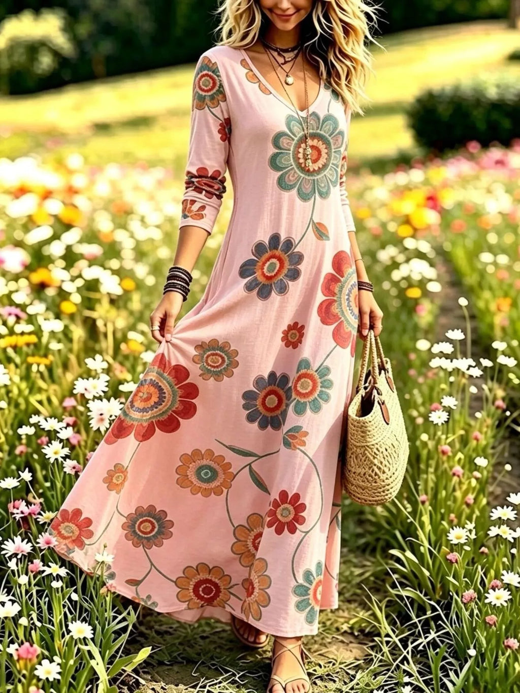 Floral print V-neck long sleeve maxi dress by Trendsi, featuring a flowing design and vibrant floral pattern.