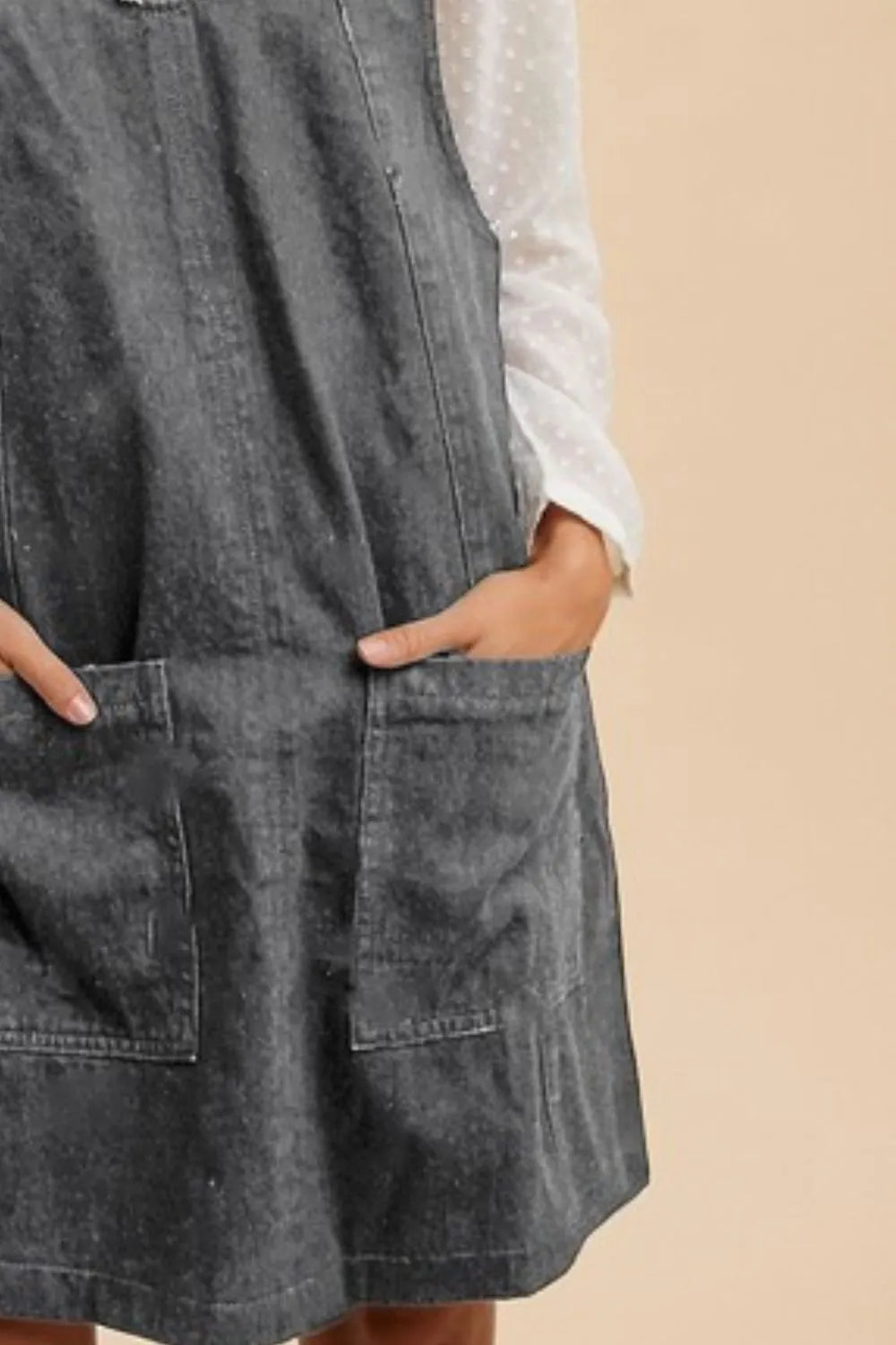 Trendsi Annie Wear V-neck adjustable strap denim overall dress in charcoal with front pockets, casual and stylish for everyday wear.