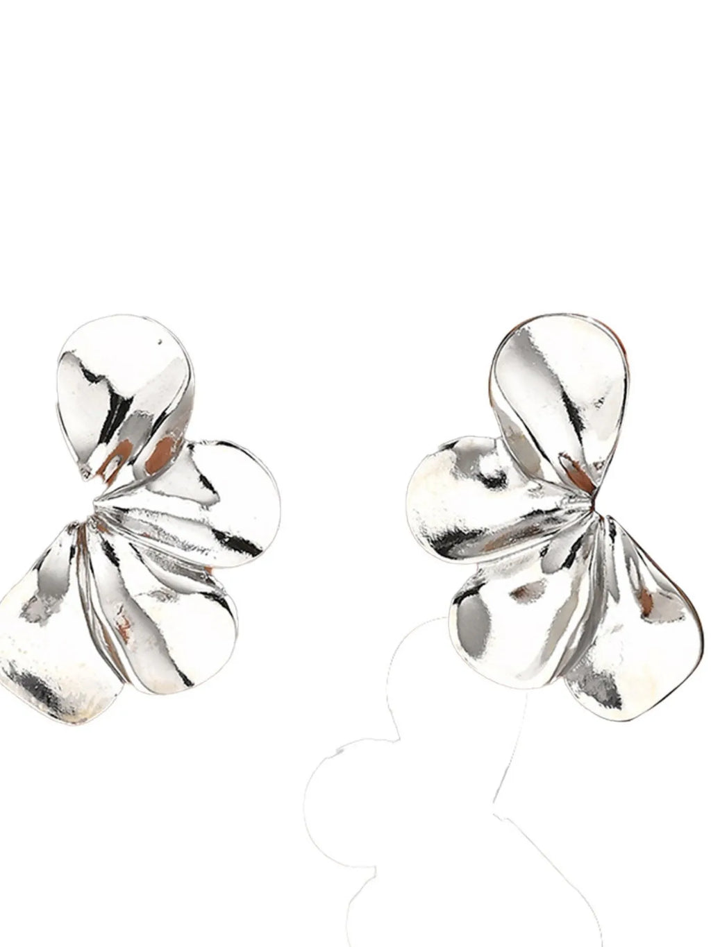 Stainless steel flower earrings with intricate petal design, shiny silver finish, and post back for pierced ears.