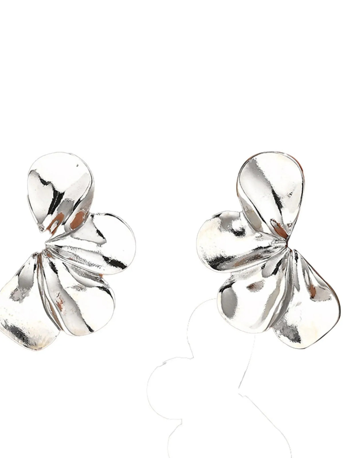 Stainless steel flower earrings with intricate petal design, shiny silver finish, and post back for pierced ears.