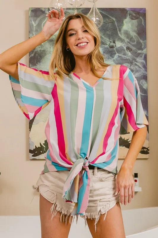 BiBi Multi Stripe Woven V-Neck Top with long front tie, casual fashion top from Trendsi, featuring colorful stripe pattern and relaxed fit.