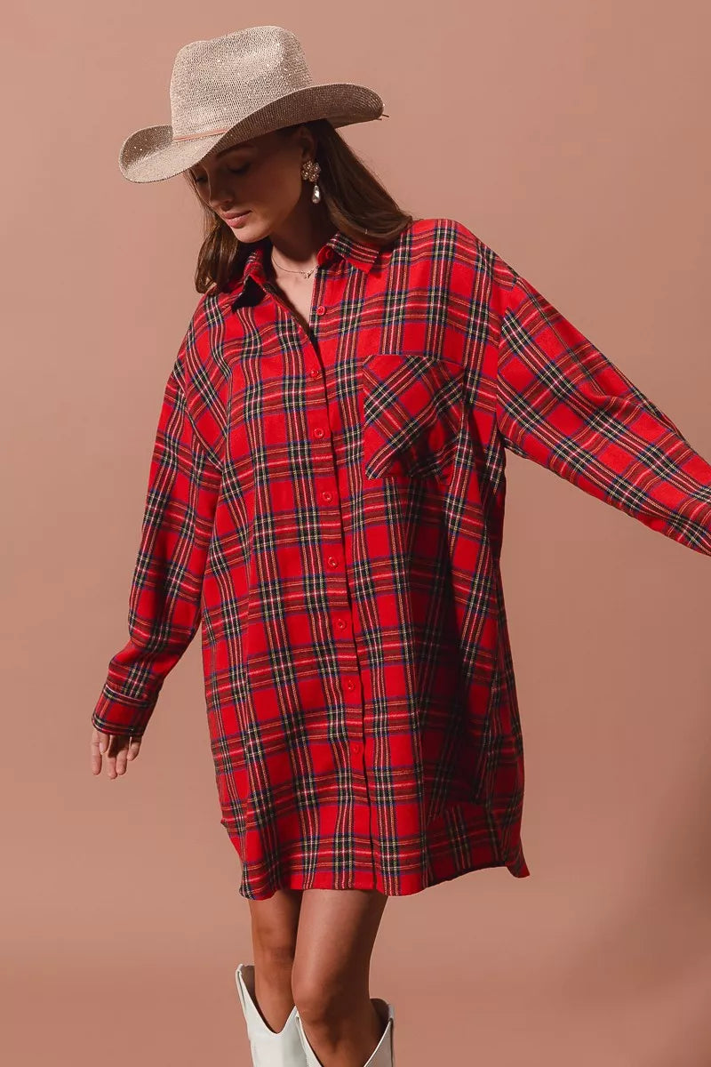 Red checker plaid button-up Christmas shirt dress, view 2