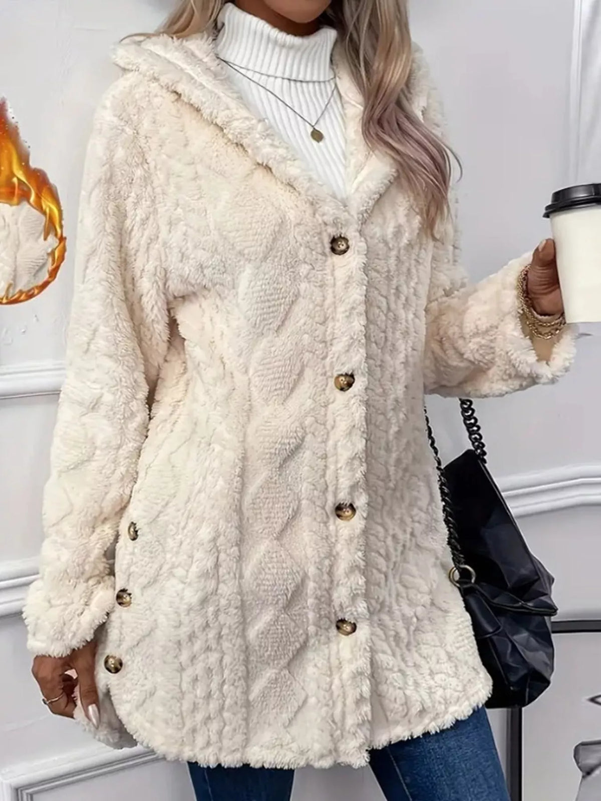 Full size cozy cable-knit faux fur hooded outerwear by Trendsi, featuring plush faux fur lining and a stylish cable-knit design.