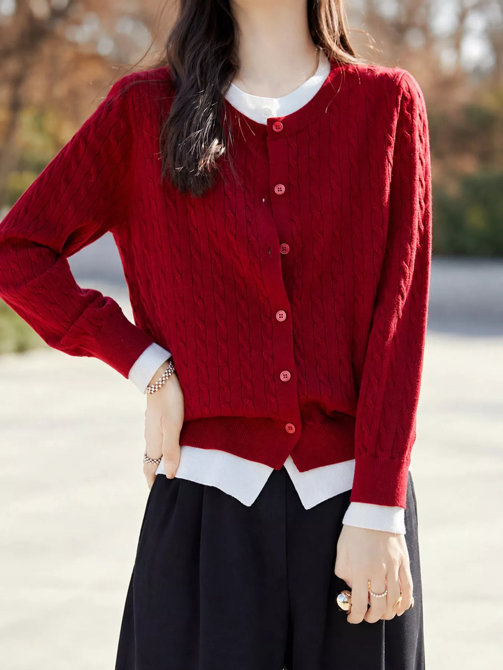 Cable-knit button-down cardigan, view 3