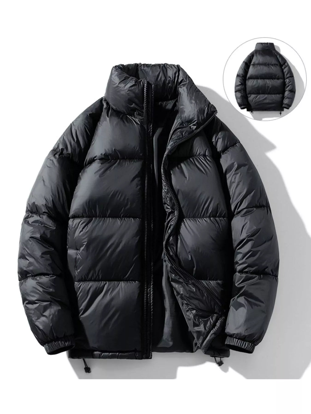 Men's black quilted stand collar puffer jacket, view 2