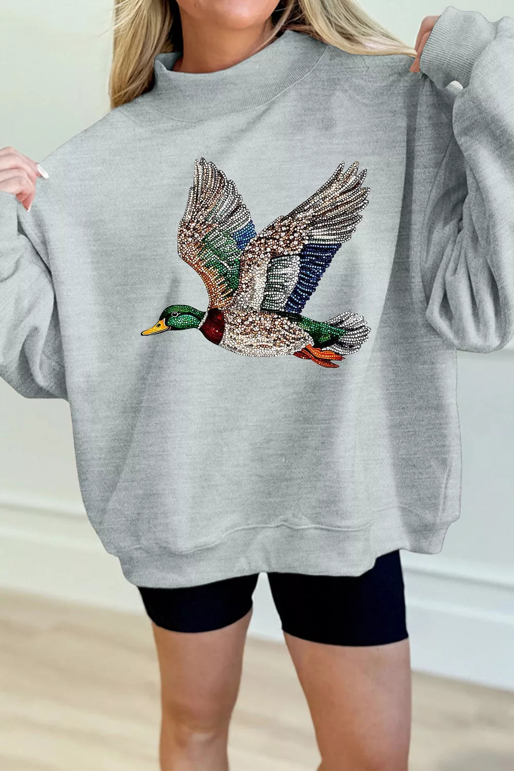 Gray oversized mock neck sweatshirt with western mallard duck print, view 5