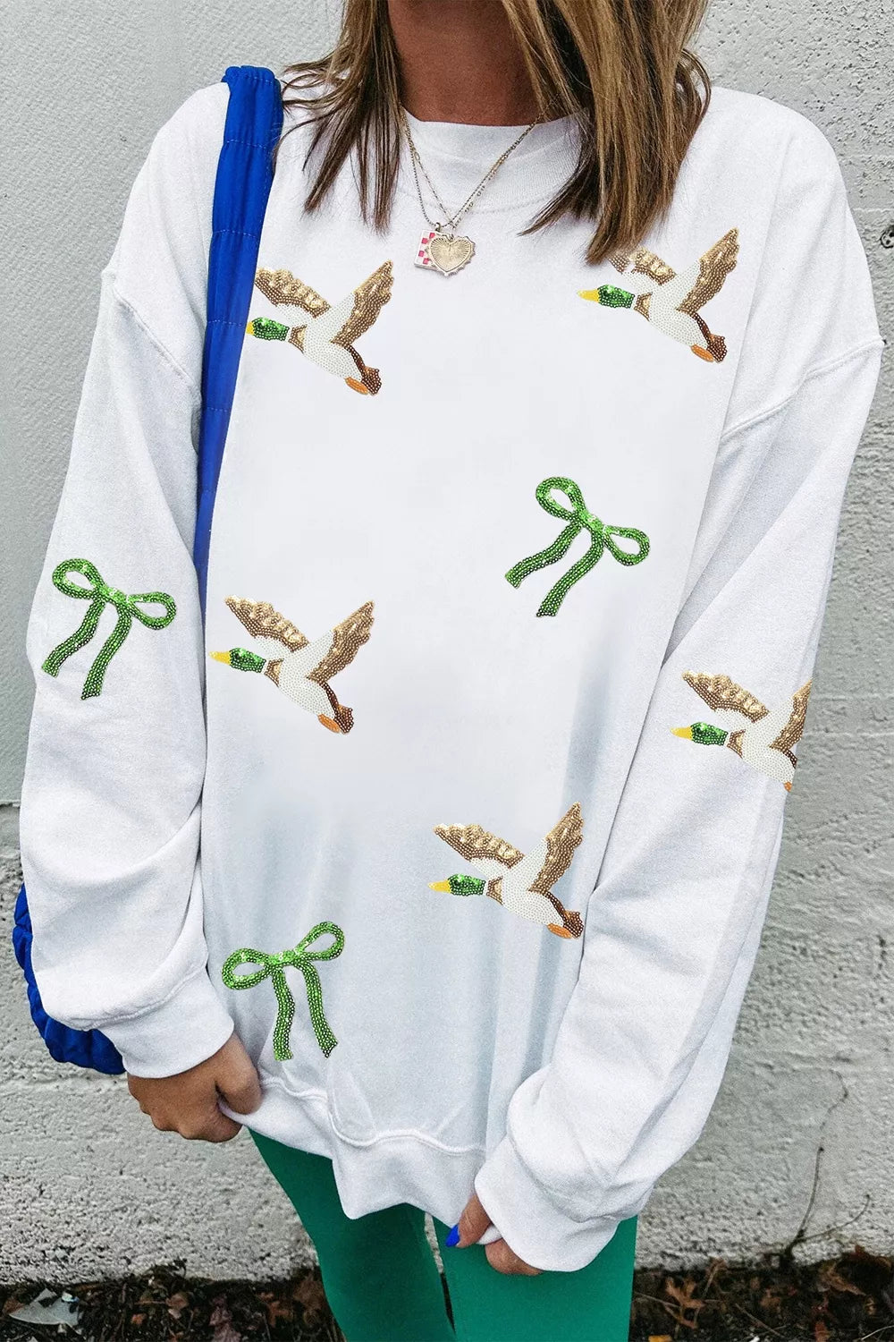 White sequin mallard bow crewneck sweatshirt, view 3