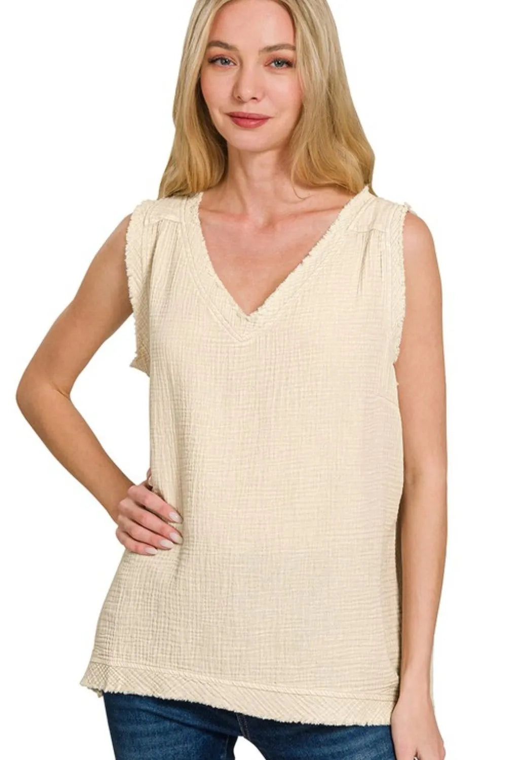 Zenana double gauze raw edge acid washed tank top with a relaxed fit and raw hem, perfect for casual wear.