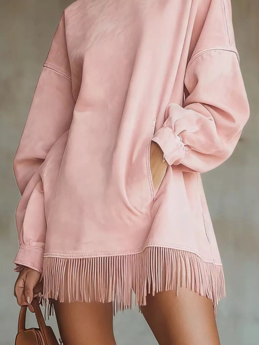 Plus size full-length mock neck long sleeve mini dress with fringed hem by Trendsi, featuring a stylish and comfortable design.