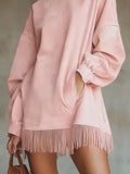 Plus size full-length mock neck long sleeve mini dress with fringed hem by Trendsi, featuring a stylish and comfortable design.
