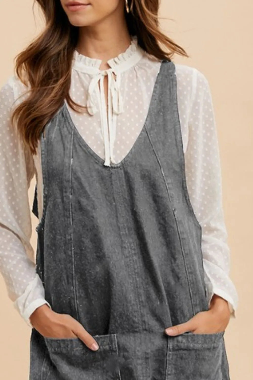 Trendsi Annie Wear V-neck adjustable strap denim overall dress with pockets in charcoal, casual and stylish for everyday wear.