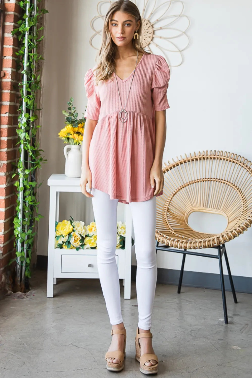 Heimish full size waffle knit v-neck babydoll top in soft fabric, featuring a relaxed fit and stylish V-neck design.