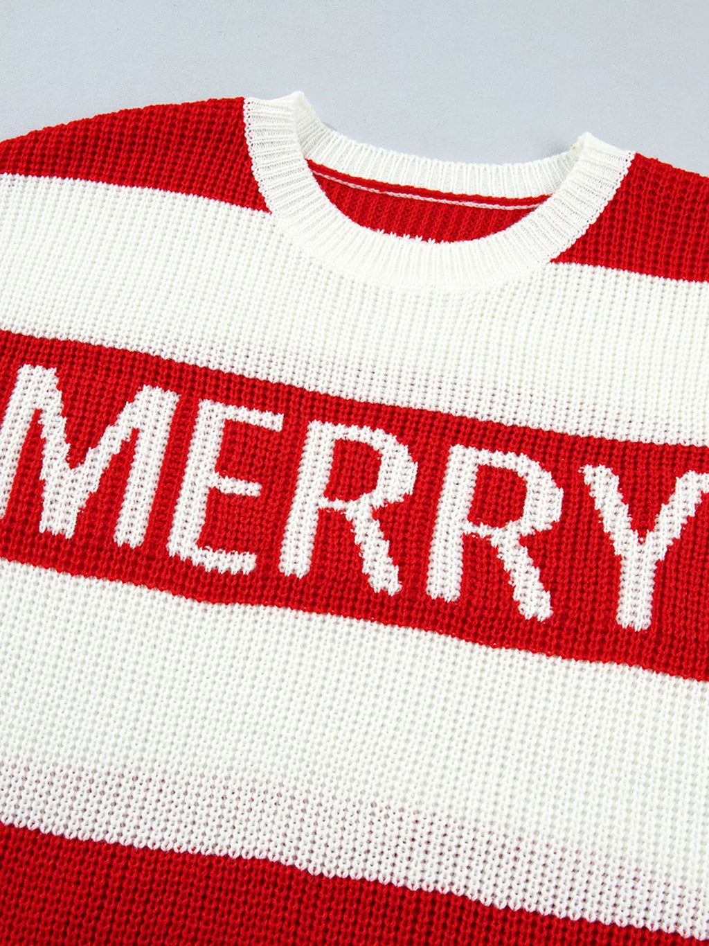 Scarlet striped MERRY Christmas sweater with drop shoulders, view 12