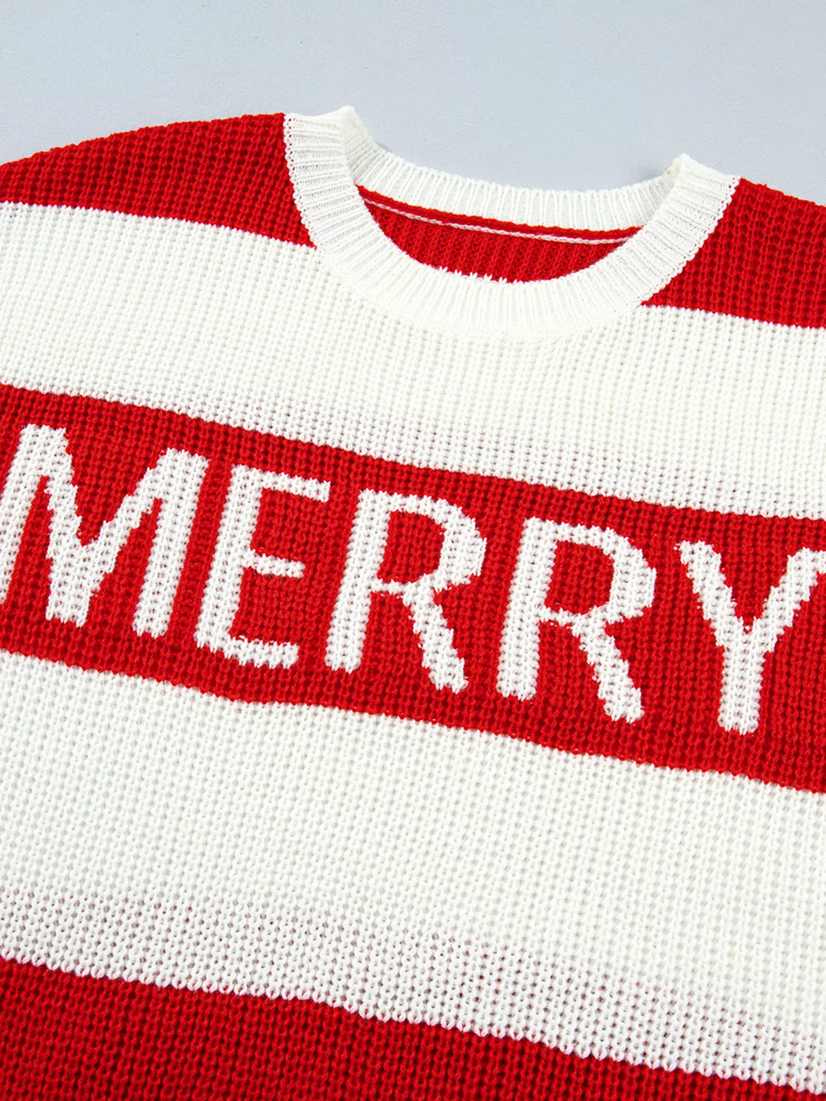 Scarlet striped MERRY Christmas sweater with drop shoulders, view 12