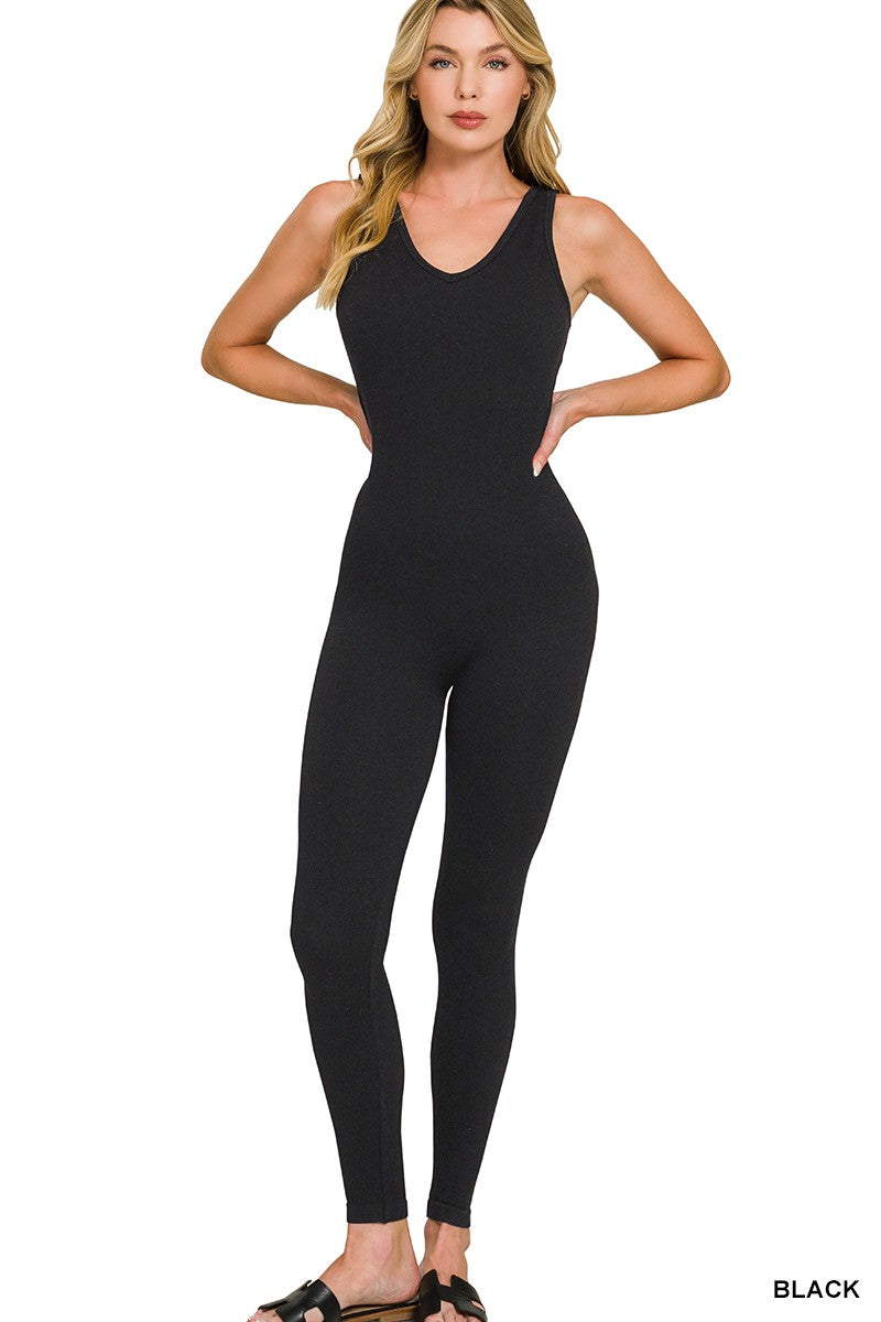 Black Zenana ribbed padded sports seamless bodysuit with built-in bra and sleek fit, ideal for active and casual wear.