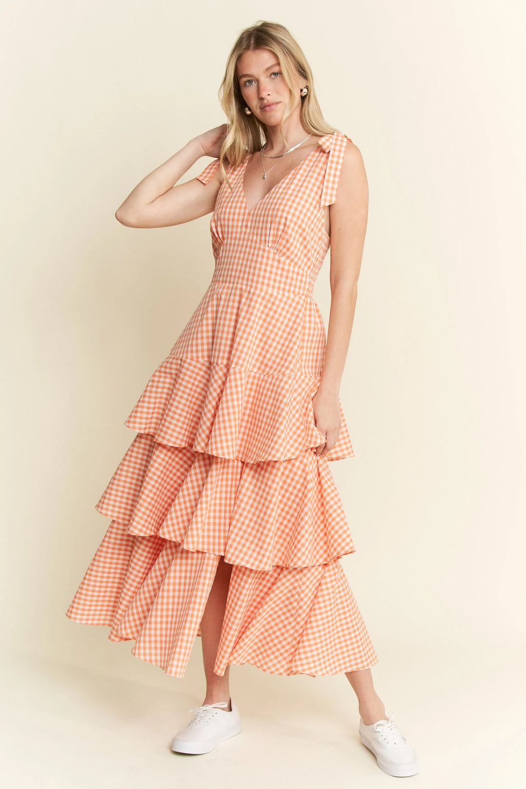 Jade by Jane sleeveless gingham print tiered midi dress in green and white, stylish and perfect for warm weather.
