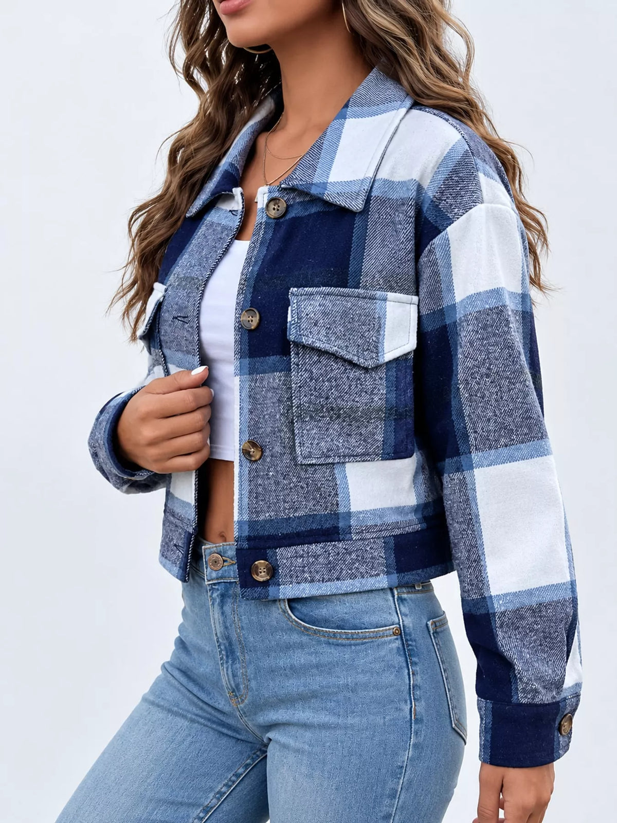 Plaid button-up cropped jacket, view 6