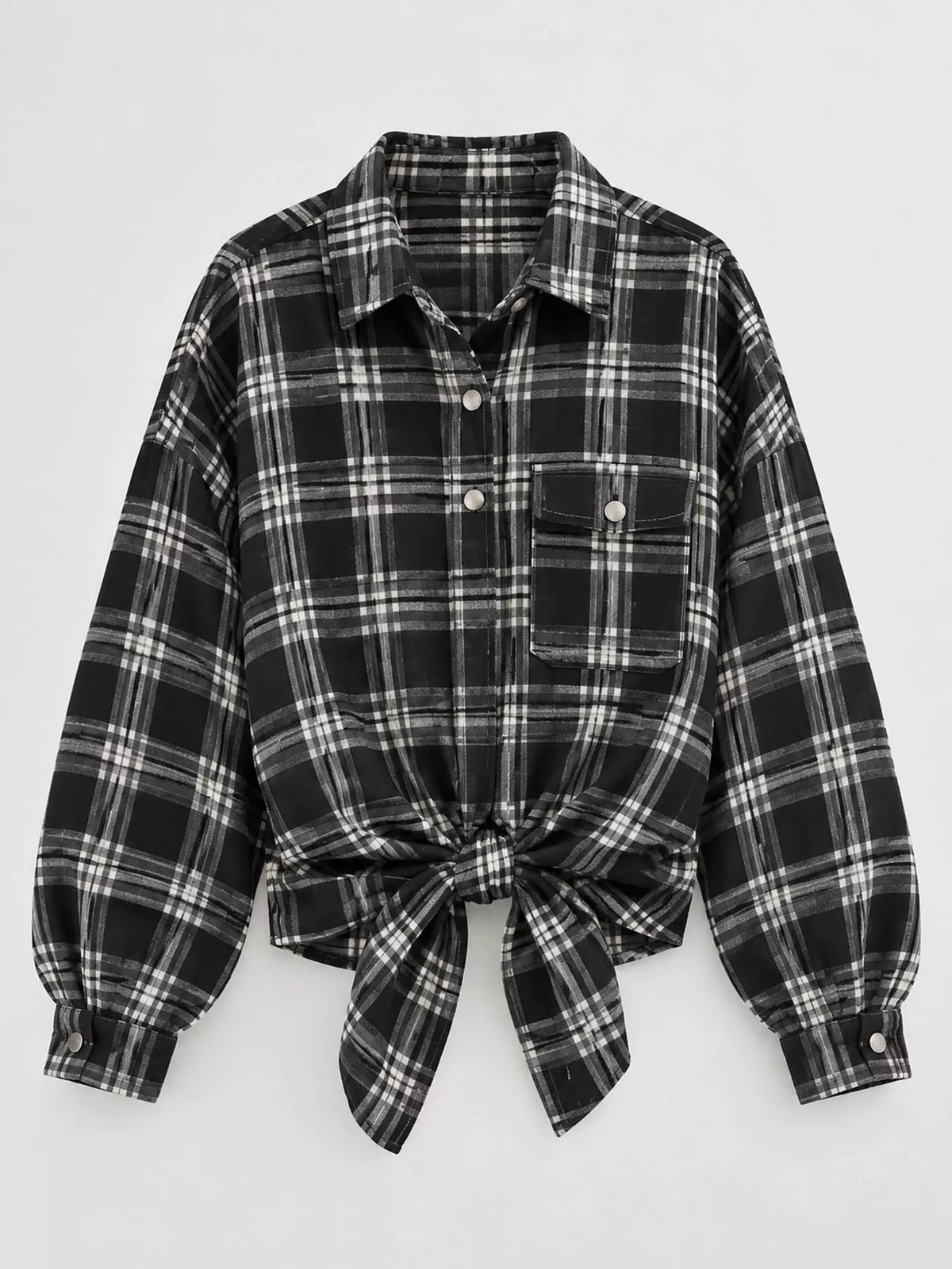 Trendsi plaid button-up shirt featuring a classic checkered pattern, long sleeves, and a collared neckline for casual style.