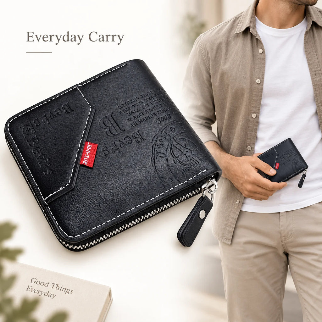 Men's PU Zipper Coin & Card Wallet