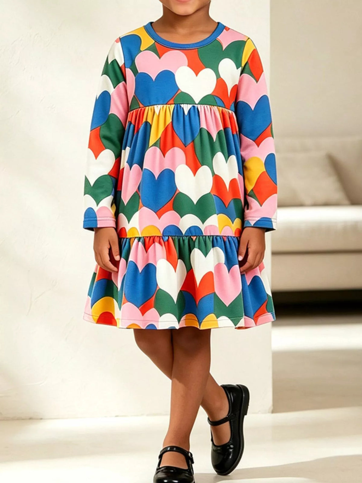 Children's heart print long sleeve tiered casual dress by Trendsi, featuring a cute heart pattern and comfortable fit for kids.