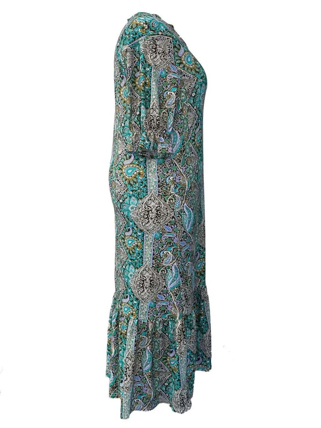 Plus size Bohemian paisley print midi dress with ruffle hem, full-size Trendsi boho style dress displayed on a model.